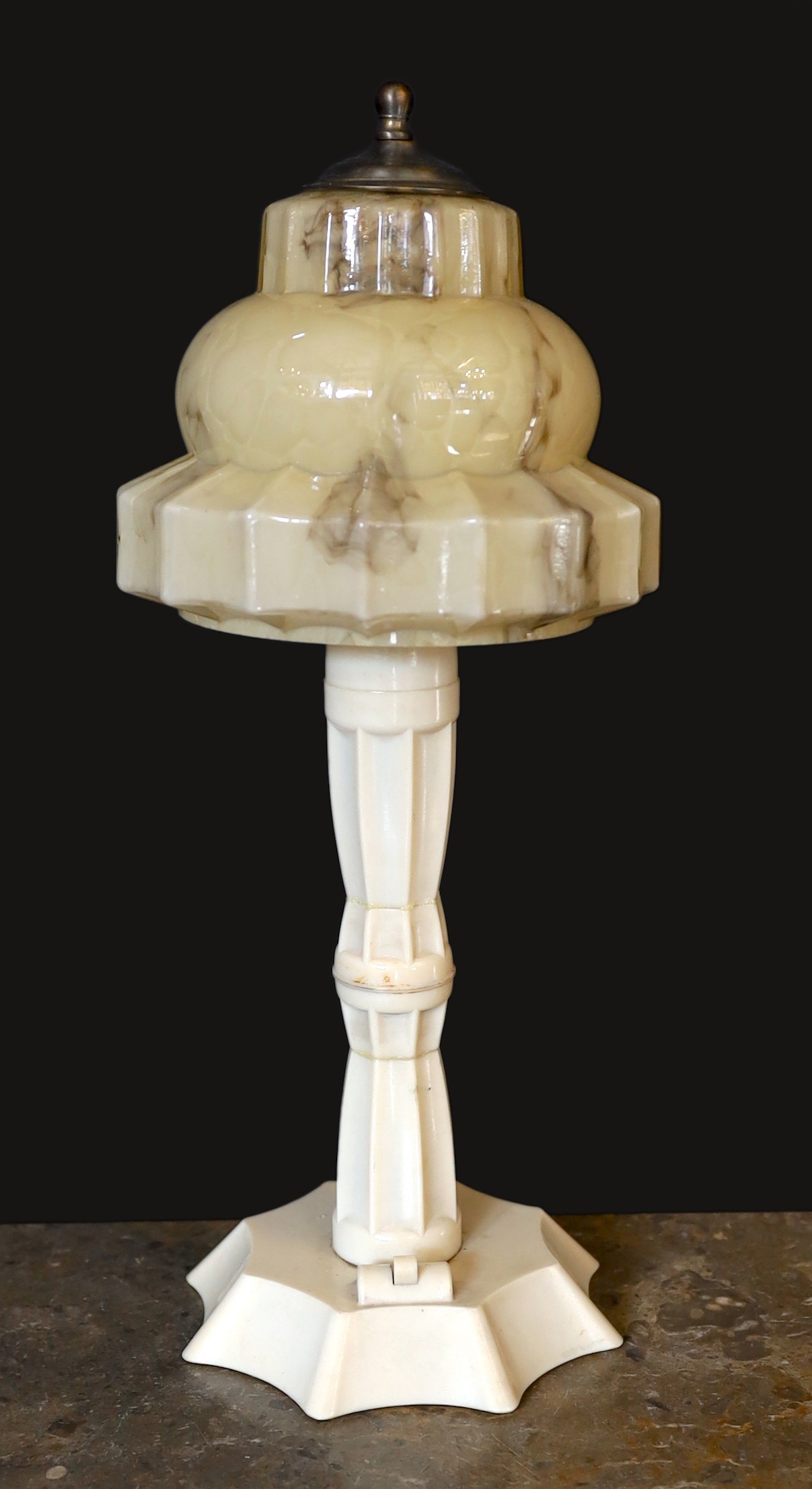 A Klampshade ‘Geni the lamp’ Bakelite table lamp, with associated marbled glass shade, height 35cm